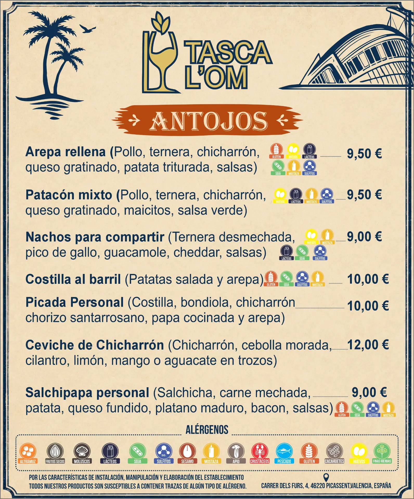 Página 3 de la carta de Tasca L'Om: antojos con precios y alérgenos
