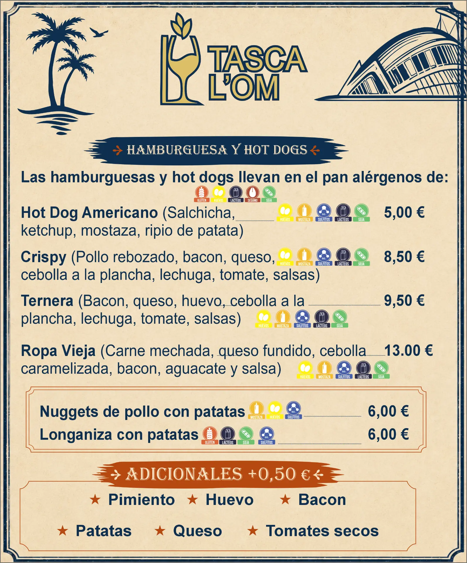 Página 4 de la carta de Tasca L'Om: hamburguesas y hot dogs con precios y alérgenos
