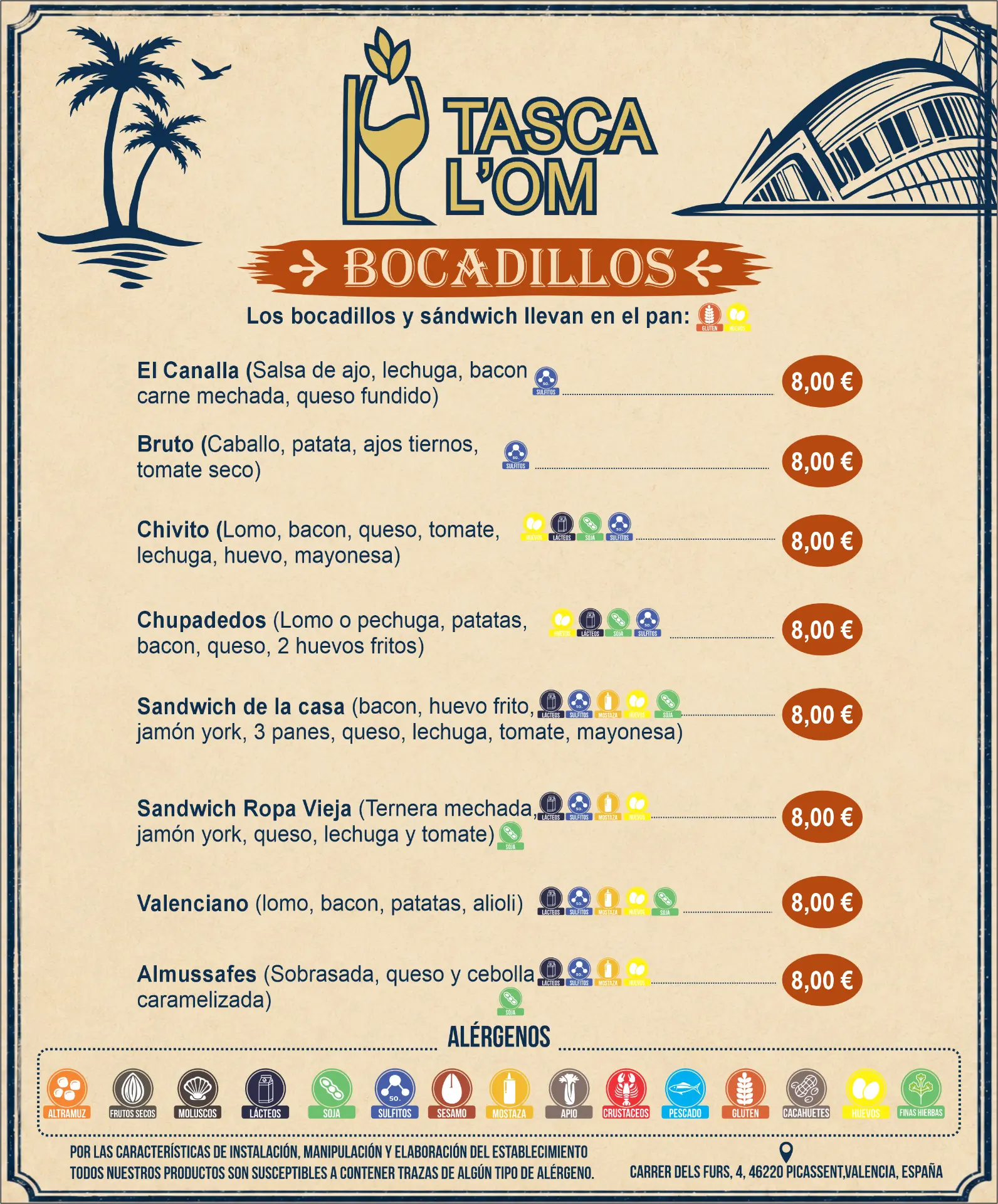 Página 2 de la carta de Tasca L'Om: bocadillos con precios y alérgenos