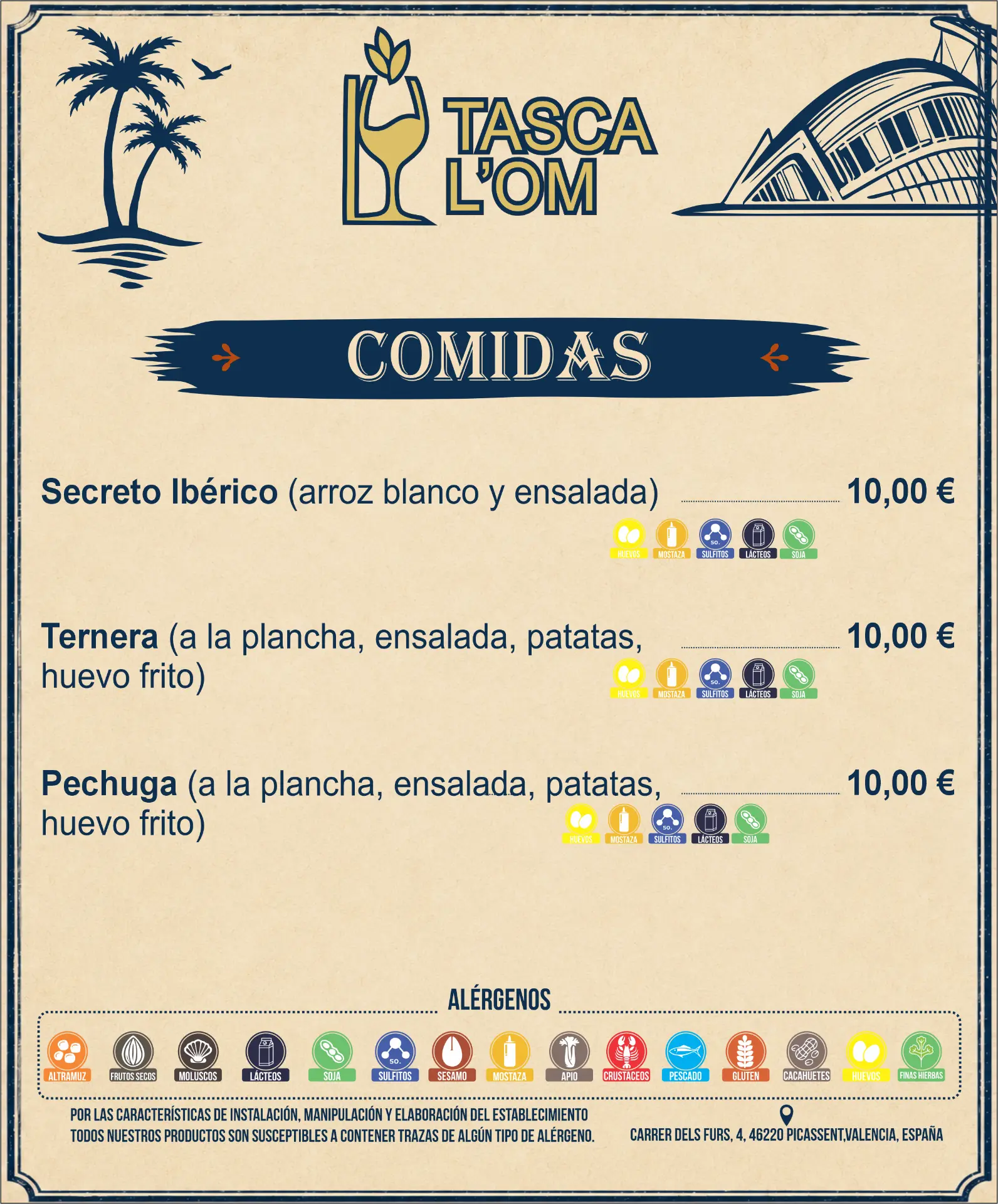Página 5 de la carta de Tasca L'Om: comidas con precios y alérgenos