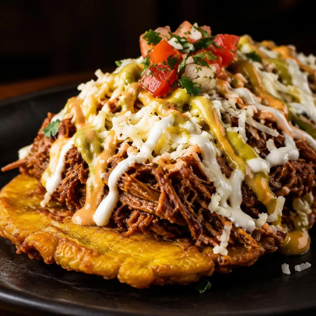 Patacón con carne desmechada, queso, pico de gallo y salsas